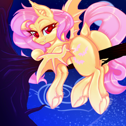 Size: 2000x2000 | Tagged: safe, alternate version, artist:dankpegasista, derpibooru exclusive, fluttershy, bat pony, pegasus, pony, g4, bat ears, bat ponified, bat wings, butt, chest fluff, colored eyelashes, colored lineart, colored pupils, detailed background, digital art, dock, fangs, flutterbat, flutterbutt, frog (hoof), full body, heart, heart eyes, high res, large butt, long eyelashes, long mane, long tail, looking at you, lying down, messy mane, night, pink hair, plot, prone, quadrupedal, race swap, red eyes, smiling, smiling at you, solo, spread wings, stars, sternocleidomastoid, tail, tree, tree branch, underhoof, wingding eyes, wings, yellow coat, yellow fur