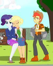 Size: 3204x3984 | Tagged: safe, artist:yingerten, applejack, rarity, oc, oc:snake apple brock, human, equestria girls, g4, adopted, adopted offspring, family, female, high res, lesbian, lesbian in front of boys, male, older, older applejack, older rarity, ship:rarijack, shipping
