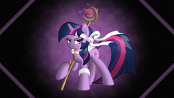 Size: 3840x2160 | Tagged: safe, artist:itchykitchy, artist:laszlvfx, edit, twilight sparkle, pony, unicorn, g4, female, headband, high res, jewelry, kanji, league of legends, lidded eyes, looking back, mage, necklace, solo, soraka, staff, unicorn twilight, vector, wallpaper, wallpaper edit, wristband