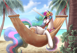 Size: 2000x1385 | Tagged: safe, artist:johnjoseco, princess celestia, alicorn, pony, g4, beach, celestia day, eyebrows, eyebrows visible through hair, floral head wreath, floral necklace, flower, hammock, looking at you, open mouth, open smile, palm tree, quadrupedal, smiling, solo, tree