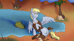 Size: 1920x1080 | Tagged: safe, artist:dvfrost, derpy hooves, crocodile, pegasus, pony, g4, accident, bag, best pony, butt, clothes, comic, commission, crash, desert, disoriented, dock, dune, female, flank, food, frown, hat, i just don't know what went wrong, images that precede unfortunate events, imminent abuse, imminent violence, imminent vore, letter, mail, mailmare, mailmare hat, mailmare uniform, mare, mare prey, muffin, oasis, outdoors, palm tree, partially submerged, predator vs prey, raised hoof, rock, saddle arabia, sand, scrunchy face, shirt, shirt with a collar, sitting, sky, sneaking, spread wings, stalker, stalking, swimming, tail, this will end in tears, tree, uniform, water, watering hole, wings