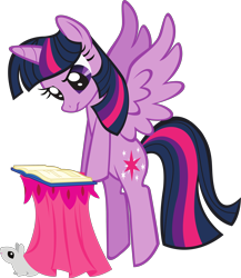 Size: 3759x4323 | Tagged: safe, twilight sparkle, alicorn, mouse, pony, g4, official, .svg available, animal, book, female, mare, reading, simple background, spread wings, stock vector, svg, transparent background, twilight sparkle (alicorn), vector, wings