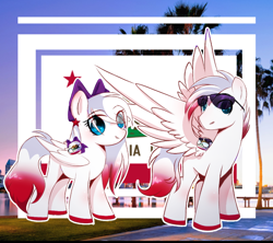 Size: 808x719 | Tagged: source needed, safe, artist:diniarvegafinahar, oc, oc only, pegasus, pony, blue eyes, blushing, bow, california, colored hooves, crossover, duo, female, flag of california, gradient mane, gradient tail, hair bow, knee blush, male, mare, nation ponies, polandball, ponified, real life background, red mane, spread wings, stallion, stars, sunglasses, tail, united states, white mane, wings