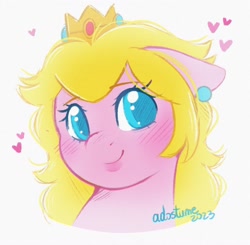 Size: 1280x1256 | Tagged: safe, artist:adostume, pony, blushing, bust, colored, cute, ear piercing, earring, eyelashes, eyes open, female, heart, jewelry, lipstick, mare, piercing, ponified, portrait, princess peach, simple background, sketch, smiling, solo, super mario bros., white background