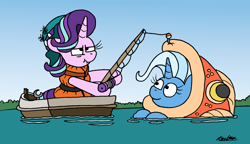 Size: 2450x1416 | Tagged: safe, artist:bobthedalek, starlight glimmer, trixie, pony, unicorn, g4, animal costume, atg 2023, boat, clothes, costume, cute, diatrixes, duo, duo female, female, fish costume, fishing, fishing rod, hat, inconvenient trixie, lifejacket, mare, newbie artist training grounds, scrunchy face, starlight glimmer is not amused, unamused