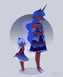 Size: 1889x2329 | Tagged: safe, artist:syrupyyy, princess luna, human, g4, child, choker, clothes, crown, dark skin, dress, duo, ear piercing, earring, elf ears, eyes closed, female, filly, flats, foal, horn, horned humanization, humanized, jewelry, piercing, regalia, shoes, woona, younger