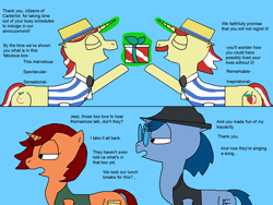 Size: 2000x1500 | Tagged: safe, artist:blazewing, flam, flim, oc, oc:syntax, oc:tough cookie, pony, unicorn, g4, 2 panel comic, atg 2023, blue background, bowtie, box, brothers, clothes, comic, eyes closed, fedora, flim flam brothers, glasses, glowing, glowing horn, hat, horn, jacket, magic, magic aura, newbie artist training grounds, raised hoof, siblings, simple background, smiling, talking, telekinesis, text, unimpressed, vest