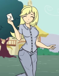 Size: 1275x1650 | Tagged: safe, artist:breezybl97, derpy hooves, human, g4, building, bush, clothes, cute, denim, derpabetes, eyes closed, female, humanized, jeans, letter, pants, shirt, solo, tree