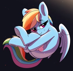 Size: 1200x1160 | Tagged: safe, artist:pabbley, rainbow dash, pegasus, pony, g4, curled up, cute, dashabetes, female, holding legs, lidded eyes, looking away, looking back, mare, partially open wings, smiling, smirk, solo, space, stars, wings