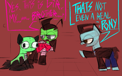Size: 845x532 | Tagged: safe, artist:xxv4mp_g4z3rxx, alien, earth pony, pony, robot, :p, angry, backpack, brown eyes, clothes, colt, dialogue, dib membrane, disguise, foal, gir, glasses, gray eyes, invader zim, lying, male, open mouth, pants, ponified, sitting, sketch, tongue out, trenchcoat, zipper