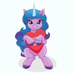 Size: 700x700 | Tagged: safe, artist:szafir87, izzy moonbow, pony, unicorn, g5, :3, animated, blinking, bracelet, bronybait, cute, female, friendship bracelet, gif, heart, hug request, izzybetes, jewelry, mare, pillow, simple background, solo, tail, tail wag, unshorn fetlocks, white background