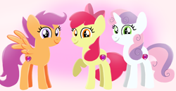 Size: 1980x1020 | Tagged: safe, artist:mlplary6, apple bloom, scootaloo, sweetie belle, earth pony, pegasus, pony, unicorn, g4, cutie mark crusaders, female, friends, looking at you, mare, smiling, smiling at you, teenager