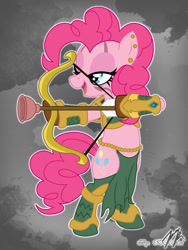 Size: 900x1200 | Tagged: safe, artist:kirrol, pinkie pie, earth pony, pony, g4, archer, armor, bipedal, bow (weapon), ear piercing, lidded eyes, loincloth, piercing, plunger, solo, suction cup, unconvincing armor, warcraft, world of warcraft