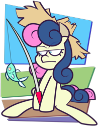 Size: 3576x4584 | Tagged: safe, artist:threetwotwo32232, bon bon, lyra heartstrings, sweetie drops, earth pony, fish, pony, g4, bon bon is not amused, female, fishified, fishing, fishing rod, hat, mare, simple background, species swap, transparent background, unamused