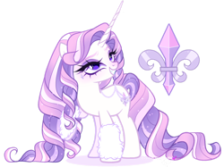 Size: 1280x959 | Tagged: safe, artist:gihhbloonde, oc, oc only, pony, unicorn, clothes, eyeshadow, female, grin, horn, leg warmers, long horn, long mane, long tail, looking up, magical lesbian spawn, makeup, mare, offspring, parent:fleur-de-lis, parent:rarity, parents:fleurity, purple eyes, raised hoof, simple background, smiling, solo, sparkly mane, sparkly tail, standing, tail, transparent background