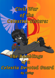 Size: 2480x3508 | Tagged: safe, artist:twiny dust, artist:wojtek-ツ, oc, oc only, oc:eclipse, pegasus, pony, book, caption, diary, digital art, emblem, fanfic, fanfic art, fanfic cover, female, high res, image macro, journal, mare, new lunar republic, quill, simple background, solar empire, solo, stick pony, text, torn page, wing hands, wing hold, wing writing, wings, writing