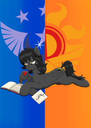 Size: 2480x3508 | Tagged: safe, artist:twiny dust, artist:wojtek-ツ, oc, oc only, oc:eclipse, pegasus, pony, book, caption, diary, digital art, emblem, fanfic, fanfic art, fanfic cover, female, high res, image macro, journal, mare, new lunar republic, quill, simple background, solar empire, solo, stick pony, text, textless version, torn page, wing hands, wing hold, wing writing, wings, writing