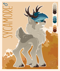 Size: 2026x2409 | Tagged: safe, artist:ezzerie, oc, oc only, oc:sycamore, deer, antlers, body markings, butt freckles, chest fluff, cloven hooves, colored pinnae, commissions open, ear fluff, ear tufts, facial markings, freckles, full body, hair over one eye, high res, looking at you, male, pale belly, passepartout, reference sheet, smiling, smiling at you, solo, stallion, standing, tail, tail fluff, three quarter view, unshorn fetlocks