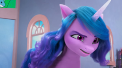 Size: 1366x768 | Tagged: safe, screencap, izzy moonbow, pony, unicorn, g5, missing the mark, my little pony: make your mark, my little pony: make your mark chapter 4, spoiler:g5, spoiler:my little pony: make your mark, spoiler:my little pony: make your mark chapter 4, spoiler:mymc04e07, 3d, angry, blue mane, day, female, indoors, izzy moonbow is not amused, looking right, mare, open mouth, png, purple eyes, purple skin, sky, solo, unamused, upset, window