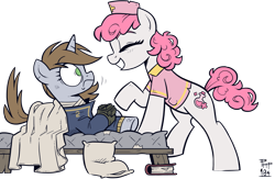 Size: 2041x1329 | Tagged: safe, artist:php104, oc, oc only, oc:candi, oc:littlepip, earth pony, pony, unicorn, fallout equestria, lying down, new appleloosa, nurse, pipbuck, simple background, transparent background