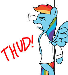 Size: 3023x3351 | Tagged: safe, artist:professorventurer, rainbow dash, pegasus, pony, fanfic:rainbow factory, series:ask pippamena, g4, clothes, fanfic art, high res, impact, lab coat, rainbow factory dash, thud