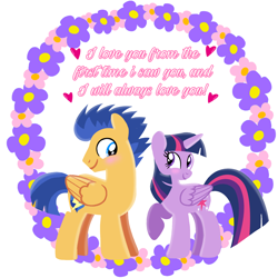 Size: 1400x1400 | Tagged: safe, artist:mlplary6, flash sentry, twilight sparkle, alicorn, pegasus, pony, g4, blushing, boyfriend and girlfriend, female, flower, heart, looking at each other, looking at someone, love, male, mare, romantic, ship:flashlight, shipping, simple background, smiling, smiling at each other, stallion, straight, text, twilight sparkle (alicorn), white background