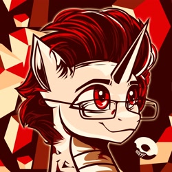 Size: 3600x3600 | Tagged: safe, artist:poxy_boxy, oc, oc only, unnamed oc, pony, unicorn, abstract background, bust, commission, glasses, high res, horn, limited palette, male, male oc, smiling, solo, stallion, unicorn oc