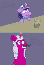 Size: 2433x3614 | Tagged: safe, artist:mintwhistle, opaline arcana, twilight sparkle, alicorn, fish, pony, unicorn, g4, g5, 2 panel comic, animal costume, antagonist, atg 2023, bait and switch, chocolate, chocolate milk, clothes, colored, comic, costume, dialogue, disguise, duo, duo female, evil grin, fake moustache, female, filly, filly twilight sparkle, fish costume, flat colors, folded wings, glass, grin, high res, mare, medibang paint, milk, newbie artist training grounds, paper-thin disguise, parody, pure unfiltered evil, smiling, table, text, this will end in "how dare you!", this will not end well, twiggie, unicorn twilight, villainess, wings, younger