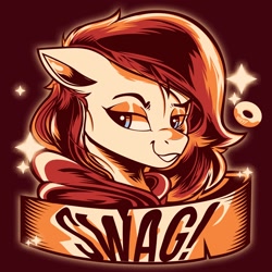 Size: 2000x2000 | Tagged: safe, artist:poxy_boxy, oc, oc:fox, pegasus, pony, brown background, bust, clothes, commission, female, floppy ears, grin, high res, hoodie, lidded eyes, limited palette, mare, signature, simple background, smiling, solo, swag