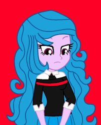 Size: 620x769 | Tagged: safe, artist:robertsonskywa1, izzy moonbow, human, equestria girls, g4, g5, beautiful, blue hair, breasts, canon event, clothes, clothes swap, depressed, equestria girls-ified, female, g5 to equestria girls, g5 to g4, generation leap, izzy moodbow, kimiko glenn, looking down, needs more saturation, peni parker, photo, purple skin, red background, sad, simple background, solo, spider-man: across the spider-verse, uniform, voice actor joke, waifu material
