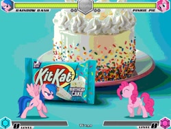 Size: 1080x810 | Tagged: safe, artist:tom artista, firefly, pinkie pie, rainbow dash, fighting is magic, g1, g4, birthday, birthday cake, cake, chocolate, chocolate milk, duo, fan game, food, game, kit kat, milk, palette swap, recolor, screenshots