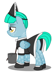 Size: 1000x1300 | Tagged: safe, alternate version, artist:warren peace, oc, oc only, oc:loop rider, pegasus, pony, ashes town, fallout equestria, bucket, clothes, coat markings, dappled, determined, enclave, facing away, grand pegasus enclave, looking away, maid, male, male oc, mop, shadow, simple background, solo, stallion, transparent background