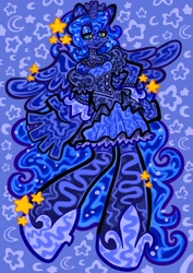 Size: 1448x2048 | Tagged: safe, artist:sprimks, princess luna, alicorn, anthro, g4, blouse, blushing, clothes, corset, detailed, female, looking at you, moon, psychedelic, skirt, solo, stars, stockings, thigh highs