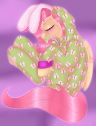 Size: 3059x4000 | Tagged: safe, artist:ponykittenboi, derpibooru exclusive, fluttershy, butterfly, pegasus, pony, g4, adult foal, age regression, bunny ears, clothes, curled up, cute, eyes closed, footed sleeper, footie pajamas, onesie, pacifier, pajamas, simple background, sleeping, soft, soft color, solo, younger
