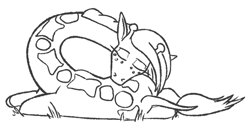 Size: 705x361 | Tagged: safe, artist:jargon scott, oc, oc only, giraffe, black and white, butt pillow, female, grayscale, head on butt, lying down, monochrome, prone, simple background, sleeping, solo, white background