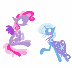 Size: 2048x1956 | Tagged: safe, artist:sprimks, starsong, trixie, pegasus, pony, unicorn, g3, g4, :o, cape, clothes, duo, female, generational ponidox, looking up, mare, missing accessory, nefarious, open mouth, raised hoof, simple background, sitting, smiling, starry eyes, trixie's cape, white background, wingding eyes
