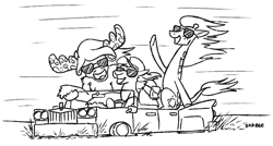 Size: 961x516 | Tagged: safe, artist:jargon scott, oc, oc only, camel, giraffe, moose, black and white, car, female, grayscale, monochrome, non-pony oc, open mouth, open smile, simple background, smiling, speed lines, sunglasses, trio, white background