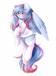 Size: 2000x2736 | Tagged: safe, artist:sweesear, oc, oc only, oc:autumn starlight, butterfly, pegasus, pony, blushing, clothes, eyebrows, eyebrows visible through hair, female, high res, insect on someone, looking at something, mare, pegasus oc, simple background, socks, solo, white background