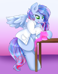 Size: 1109x1400 | Tagged: artist needed, source needed, safe, oc, oc only, oc:autumn starlight, pegasus, pony, chemistry, clothes, female, gradient background, mouth hold, potion, solo, test tube