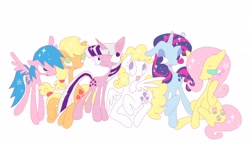 Size: 2048x1228 | Tagged: safe, artist:sprimks, applejack (g1), firefly, posey, sparkler (g1), surprise, twilight, earth pony, pegasus, pony, unicorn, g1, female, freckles, g1 six, group, looking down, looking sideways, looking up, mare, simple background, sparkles, stars, what could have been, white background