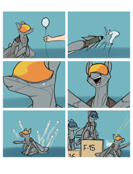 Size: 1000x1300 | Tagged: safe, artist:andromailus, human, original species, plane pony, balloon, balloon popping, celebration, chinese spy balloon, comic, excited, exploitable meme, f-15 eagle, f-16 fighting falcon, f-22 raptor, flares, happy, jet, jet fighter, jet plane, meme, missile, offscreen character, offscreen human, open mouth, plane, podium, ponified meme, popping, unimpressed