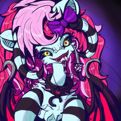 Size: 3000x3000 | Tagged: safe, artist:umbrapone, oc, oc only, oc:razor smile, demon, demon pony, pony, bat wings, black sclera, bow, chest fluff, emo, evil grin, fangs, female, glowing, glowing eyes, grin, hair bow, high res, horns, insanity, knife, long mane, long tongue, mare, red eyes, smiling, striped mane, striped tongue, stripes, tongue out, uh oh, wings, yellow eyes