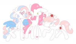 Size: 1842x1083 | Tagged: safe, artist:sprimks, desert rose, nurse redheart, star catcher, earth pony, pegasus, pony, g3, g4, :o, female, heart, looking at each other, looking at someone, looking up, mare, open mouth, simple background, stars, trio, trio female, white background