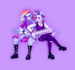 Size: 1558x1458 | Tagged: safe, artist:queenhoneybee, rainbow dash, rarity, human, equestria girls, g4, alternate hairstyle, duo, electric guitar, female, guitar, keytar, lesbian, looking at each other, looking at someone, musical instrument, punk, purple background, rainbow punk, raripunk, ship:raridash, shipping, signature, simple background, sitting, smiling