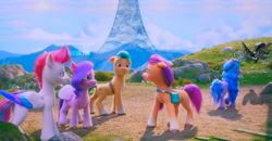 Size: 3840x1996 | Tagged: safe, artist:rsa.fim, edit, edited screencap, screencap, hitch trailblazer, izzy moonbow, pipp petals, sunny starscout, zipp storm, earth pony, pegasus, pony, unicorn, g5, my little pony: a new generation, spoiler:g5, butt, crossover, female, halo, halo (series), male, mane five, mare, plot, stallion