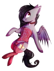 Size: 752x983 | Tagged: artist needed, source needed, safe, oc, oc only, oc:senka stargazer, bat pony, pony, clothes, collar, corset, garter belt, lingerie, panties, simple background, socks, solo, thigh highs, underwear, white background