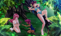 Size: 3000x1767 | Tagged: safe, alternate version, artist:mauroz, fluttershy, rainbow dash, scootaloo, bird, butterfly, human, g4, absurd file size, amputee, anime, anime style, arm behind head, armpits, ass, barefoot, belly, belly button, blue underwear, bra, breasts, busty fluttershy, butt, cleavage, clothes, collarbone, dress, eyes closed, feeding, feet, female, humanized, in a tree, jewelry, kneeling, lying down, on back, open mouth, open smile, outdoors, panties, pendant, prosthetic leg, prosthetic limb, prosthetics, ribcage, scenery, skirt, slender, smiling, sternocleidomastoid, swimsuit, thin, tree, tree branch, trio, trio female, underwear, upskirt, wall of tags, white underwear