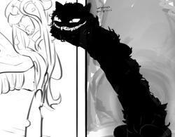 Size: 2417x1888 | Tagged: safe, artist:misstwipietwins, queen chrysalis, changeling, changeling queen, demon, g4, creature, dialogue, doorway, duo, female, impossibly long neck, mare, misleading thumbnail, monochrome, not a penis, sharp teeth, teeth