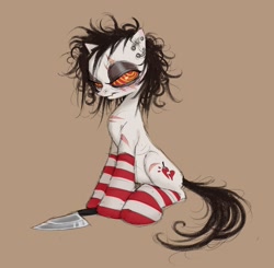 Size: 2748x2688 | Tagged: safe, artist:brvtaldeath, oc, oc only, earth pony, pony, clothes, dishevelled, ear piercing, earring, earth pony oc, eye scar, facial scar, female, high res, jewelry, knife, mare, messy mane, piercing, scar, self harm, self harm scars, simple background, sitting, socks, solo, striped socks, swirly eyes