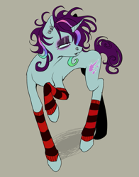 Size: 537x686 | Tagged: safe, artist:brvtaldeath, oc, oc only, oc:cascade (sharpshooter), pony, unicorn, fanfic:muffins, clothes, ear piercing, eyeshadow, fanfic art, female, hoofless socks, lip piercing, makeup, mare, messy mane, nose piercing, piercing, simple background, socks, solo, striped socks